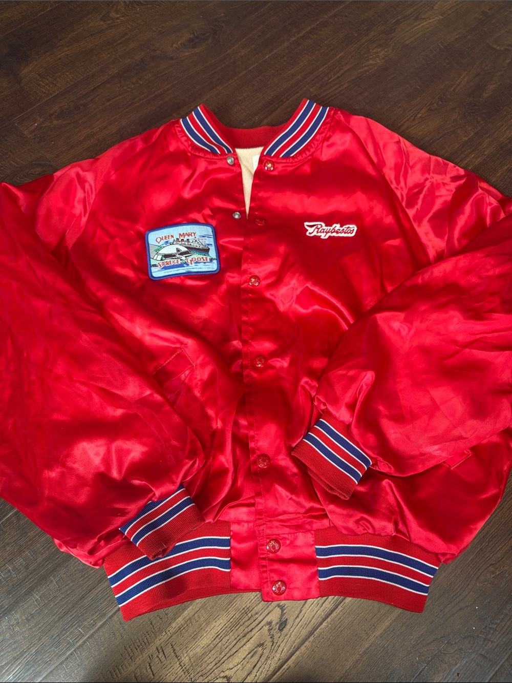 KING LOUIE PRO FIT Vintage Unisex XL Red/ Blue Satin Bomber Jacket with Stripe